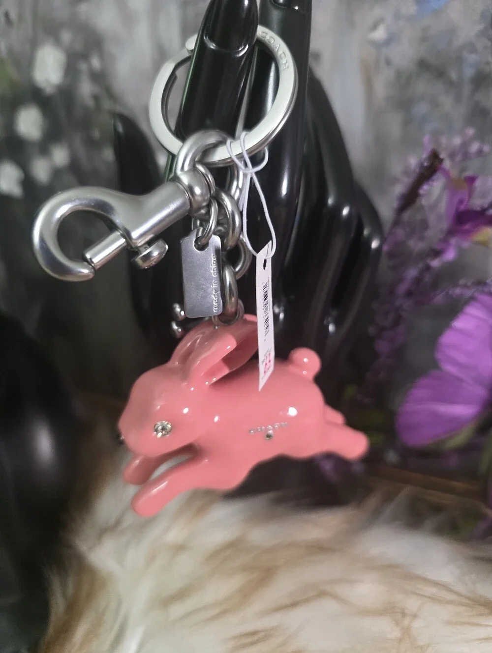 Auth NWT Coach Pink Bunny Charm Keychain - Pink Rabbit Accessory